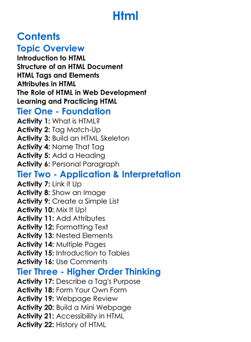 Html Worksheet Activity Booklet