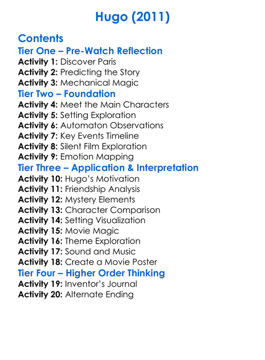 Hugo 2011 Worksheet Activity Booklet