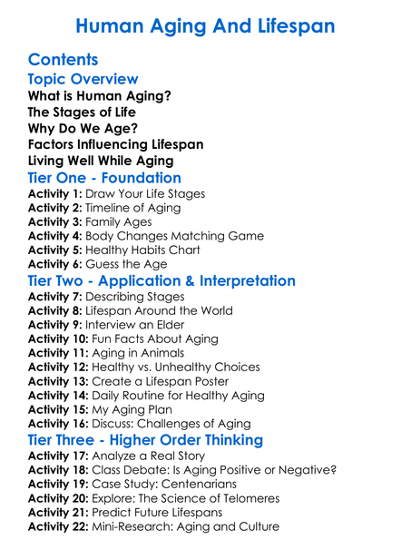 Human Aging And Lifespan Worksheet Activity Booklet