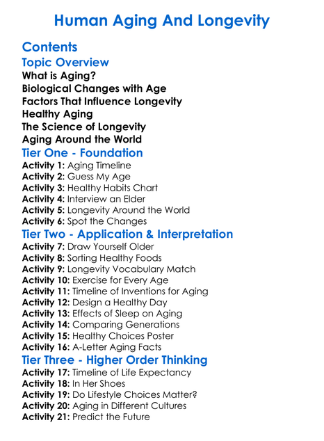 Human Aging And Longevity Worksheet Activity Booklet