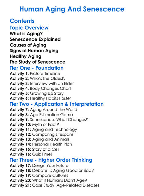 Human Aging And Senescence Worksheet Activity Booklet