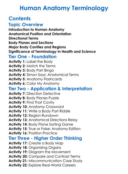 Human Anatomy Terminology Worksheet Activity Booklet