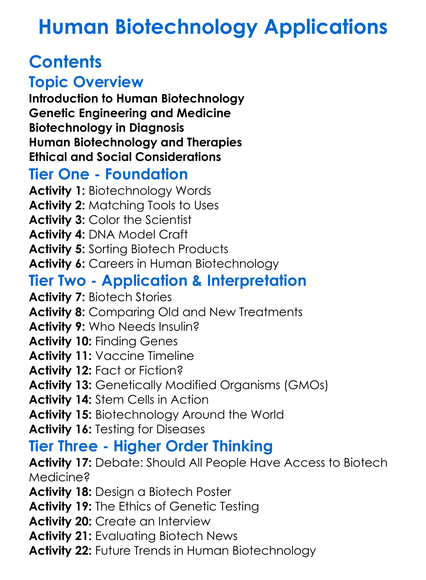 Human Biotechnology Applications Worksheet Activity Booklet