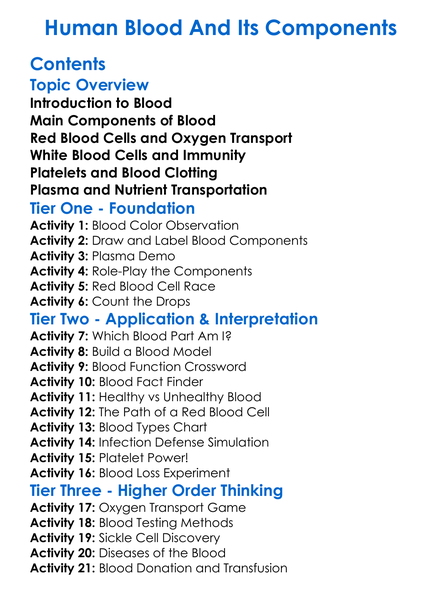 Human Blood And Its Components Worksheet Activity Booklet