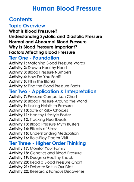 Human Blood Pressure Worksheet Activity Booklet