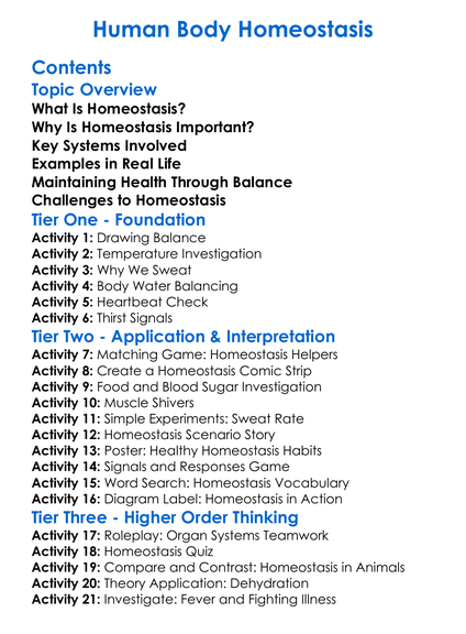 Human Body Homeostasis Worksheet Activity Booklet