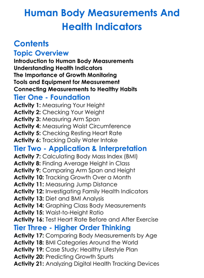 Human Body Measurements And Health Indicators Worksheet Activity Booklet