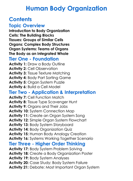 Human Body Organization Worksheet Activity Booklet