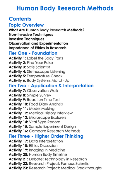 Human Body Research Methods Worksheet Activity Booklet