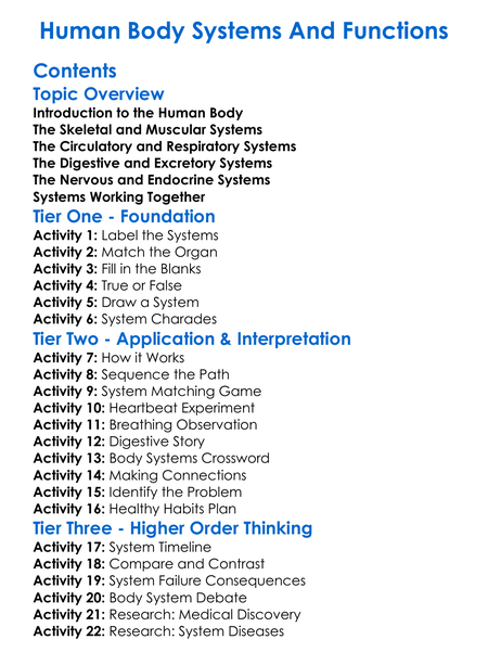 Human Body Systems And Functions Worksheet Activity Booklet