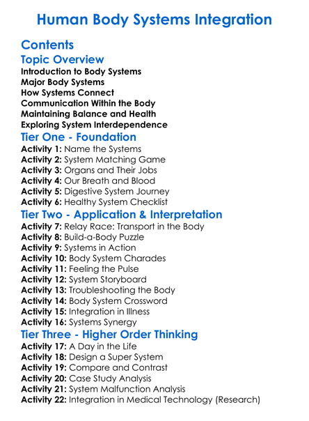 Human Body Systems Integration Worksheet Activity Booklet