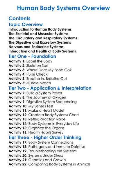 Human Body Systems Overview Worksheet Activity Booklet
