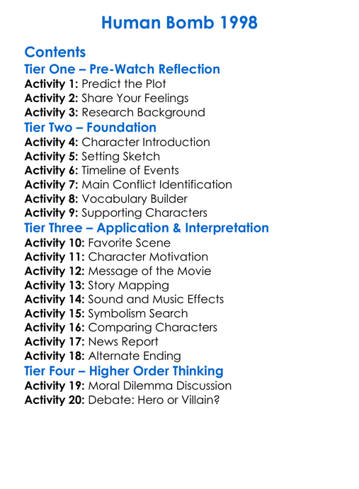 Human Bomb 1998 Worksheet Activity Booklet