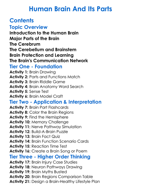 Human Brain And Its Parts Worksheet Activity Booklet