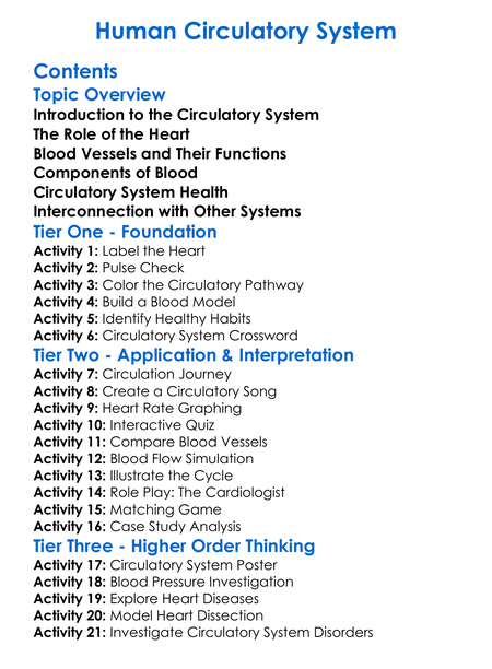 Human Circulatory System Worksheet Activity Booklet