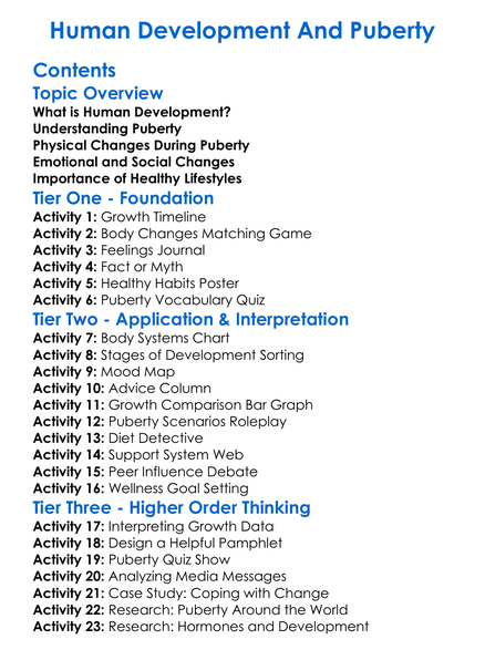 Human Development And Puberty Worksheet Activity Booklet