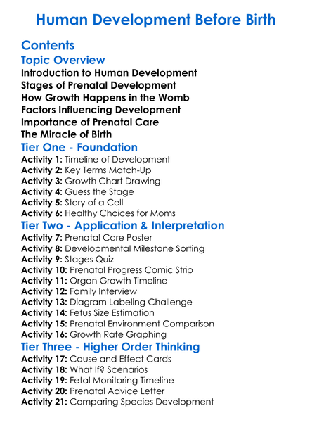 Human Development Before Birth Worksheet Activity Booklet