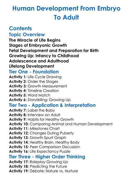Human Development From Embryo To Adult Worksheet Activity Booklet