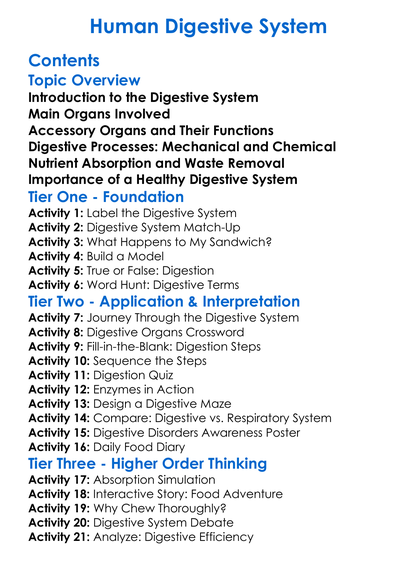 Human Digestive System Worksheet Activity Booklet
