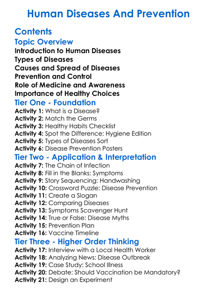 Human Diseases And Prevention Worksheet Activity Booklet