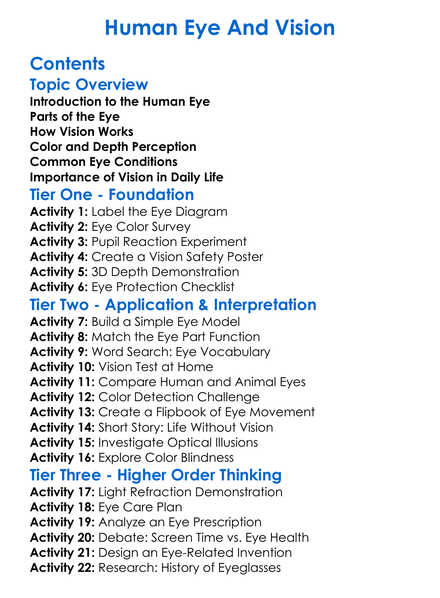 Human Eye And Vision Worksheet Activity Booklet