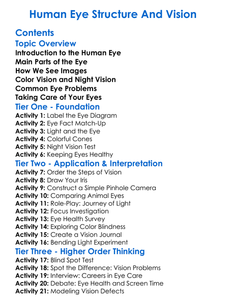 Human Eye Structure And Vision Worksheet Activity Booklet