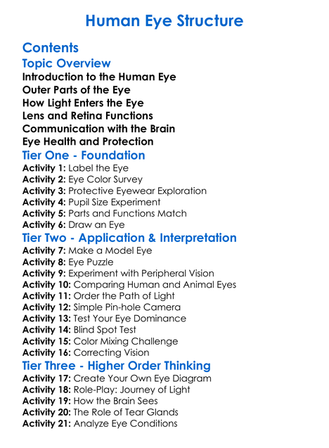 Human Eye Structure Worksheet Activity Booklet