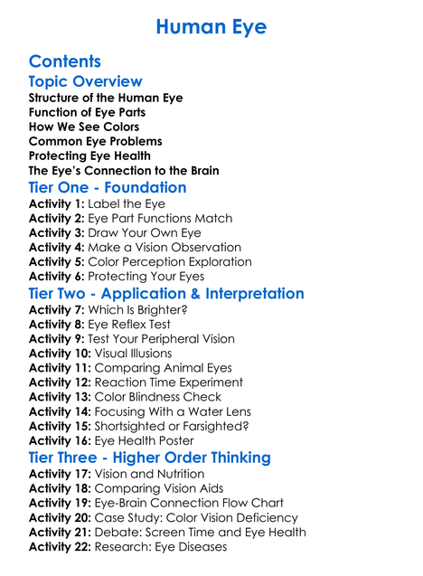 Human Eye Worksheet Activity Booklet
