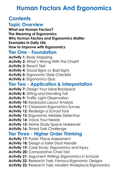 Human Factors And Ergonomics Worksheet Activity Booklet