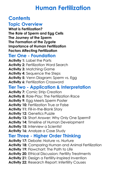 Human Fertilization Worksheet Activity Booklet