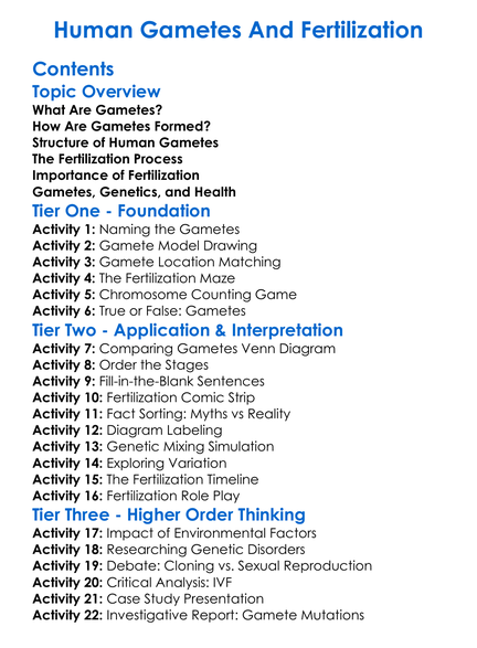 Human Gametes And Fertilization Worksheet Activity Booklet