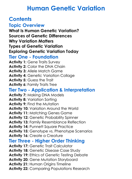 Human Genetic Variation Worksheet Activity Booklet