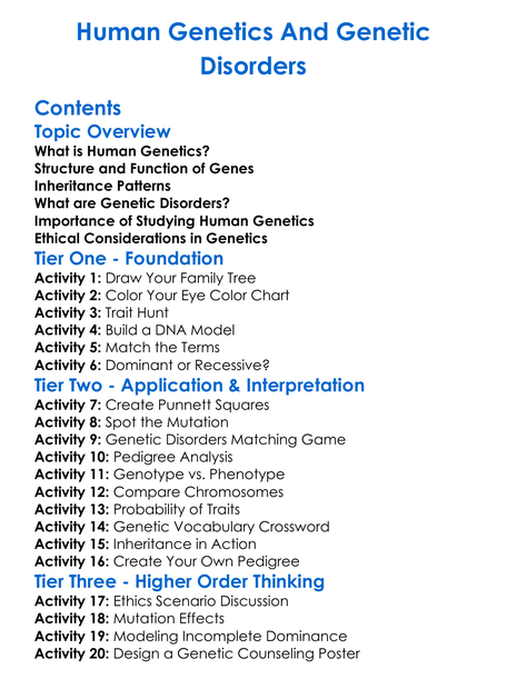 Human Genetics And Genetic Disorders Worksheet Activity Booklet