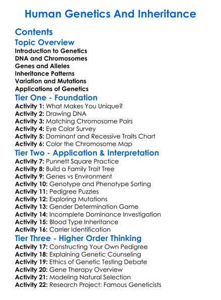 Human Genetics And Inheritance Worksheet Activity Booklet
