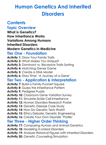 Human Genetics And Inherited Disorders Worksheet Activity Booklet