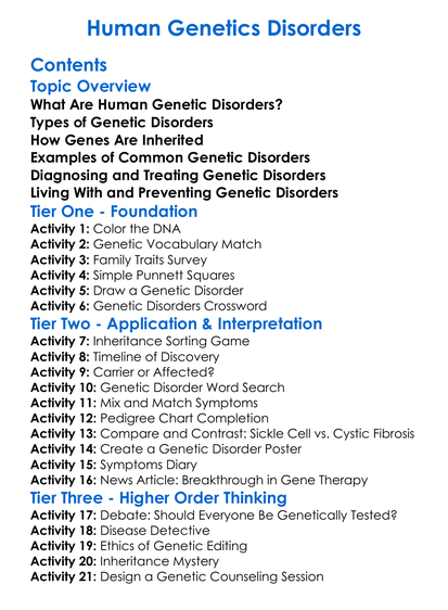 Human Genetics Disorders Worksheet Activity Booklet