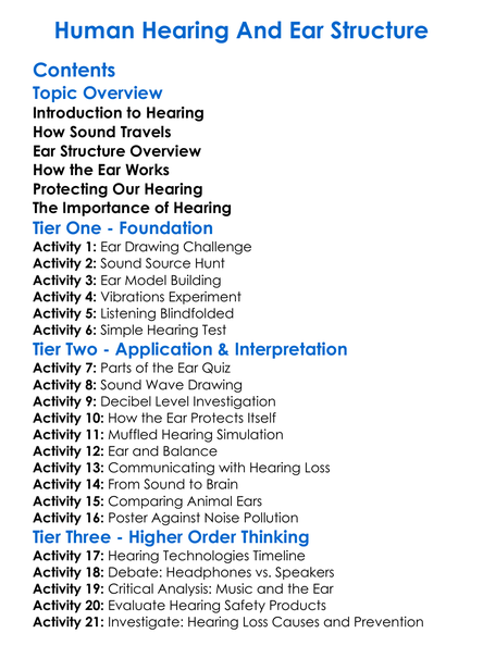 Human Hearing And Ear Structure Worksheet Activity Booklet
