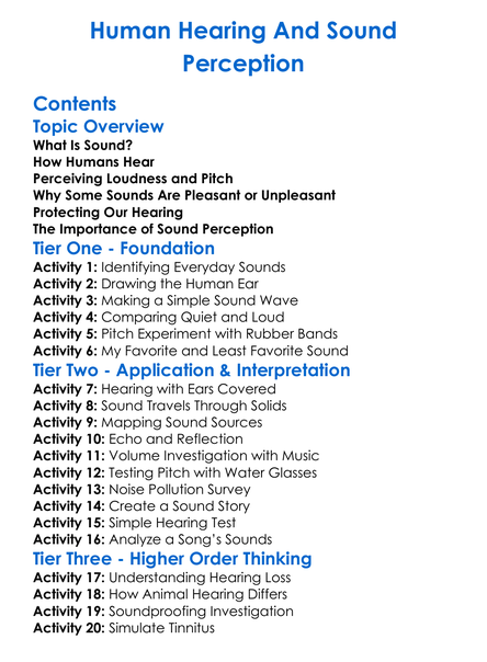 Human Hearing And Sound Perception Worksheet Activity Booklet