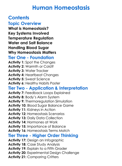 Human Homeostasis Worksheet Activity Booklet