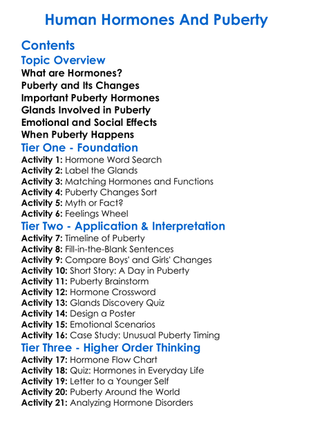 Human Hormones And Puberty Worksheet Activity Booklet
