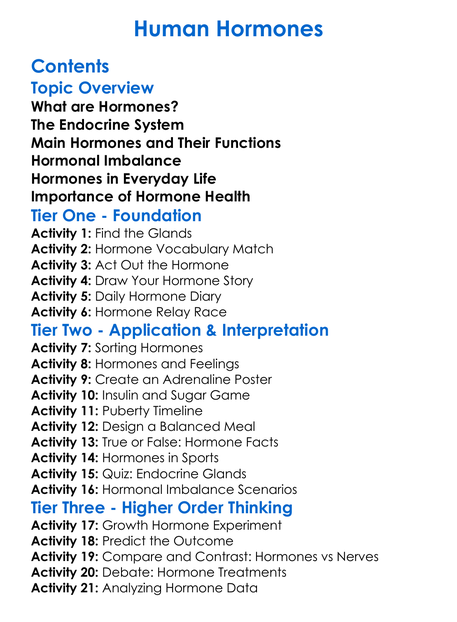 Human Hormones Worksheet Activity Booklet