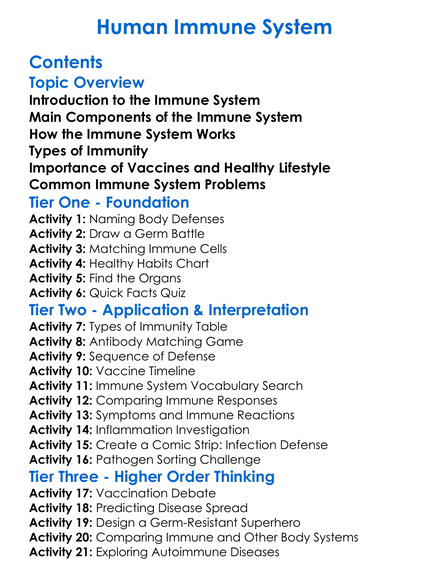 Human Immune System Worksheet Activity Booklet