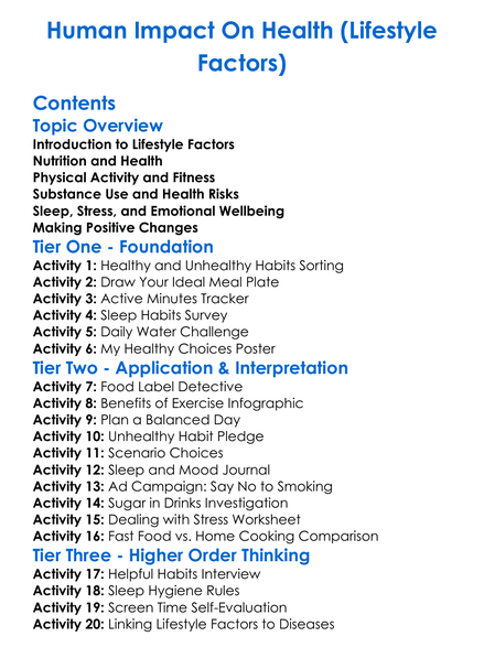Human Impact On Health Lifestyle Factors Worksheet Activity Booklet