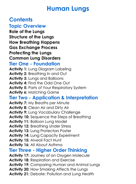 Human Lungs Worksheet Activity Booklet