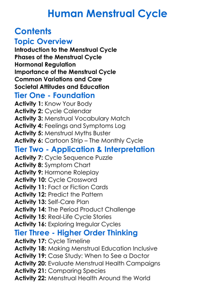 Human Menstrual Cycle Worksheet Activity Booklet