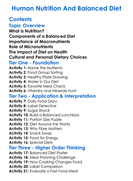 Human Nutrition And Balanced Diet Worksheet Activity Booklet