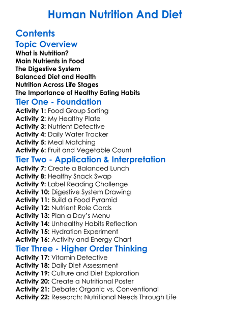 Human Nutrition And Diet Worksheet Activity Booklet