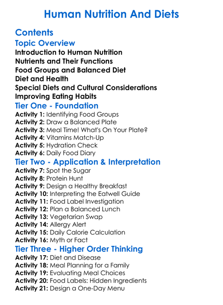 Human Nutrition And Diets Worksheet Activity Booklet