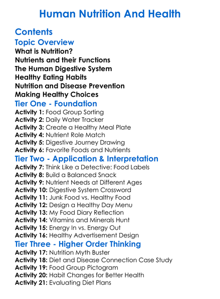 Human Nutrition And Health Worksheet Activity Booklet