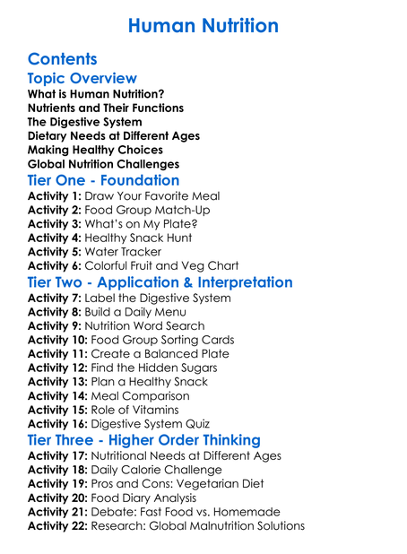 Human Nutrition Worksheet Activity Booklet